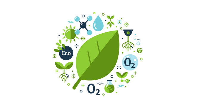 Photosynthesis and Ecology Concept Vector Illustration with Green Leaf, Oxygen O2, Sun, and Root Icons Representing the Carbon Cycle and Sustainable Biology