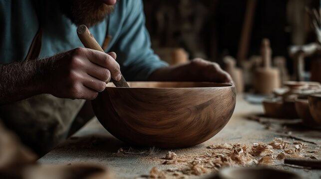 Woodworker carving a wooden bowl with a chisel in his workshop. Skilled carpenter shaping raw wood into a handcrafted bowl. Traditional artisan craft, manual work and handmade concept.