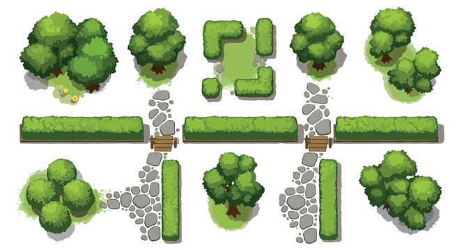 Isometric garden landscape elements, green top-down trees and hedges vector set, stone paths and shrubbery for map design and game assets