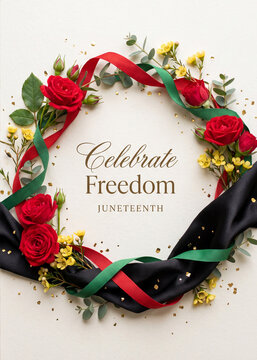 Juneteenth greeting card front wreath with red roses black and green ribbons celebrate freedom design for juneteenth invitation poster and commemorative holiday stationery