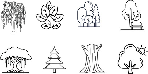 Fototapeta premium Collection of tree icons and illustrations with tree trunk