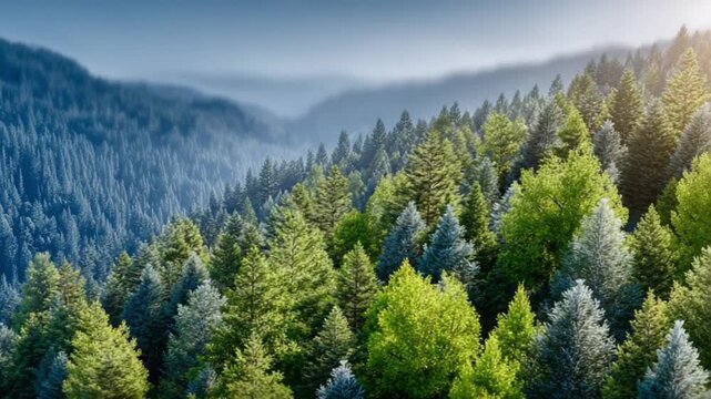 Misty Forest Sunrise: A breathtaking vista of dense evergreen forest shrouded in ethereal mist as the sun's first rays illuminate the peaks, creating a serene and majestic landscape.