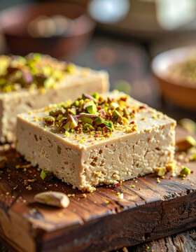 Traditional sesame halva slices with crushed pistachios on rustic wooden board, appetizing textures, sweet Middle Eastern dessert, tasty food.