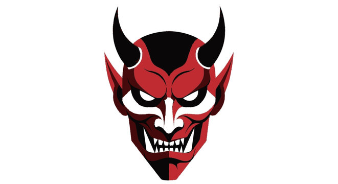 Red Japanese Oni mask with black horns on white background