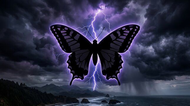 A giant butterfly silhouette against a dramatic stormy sky with lightning