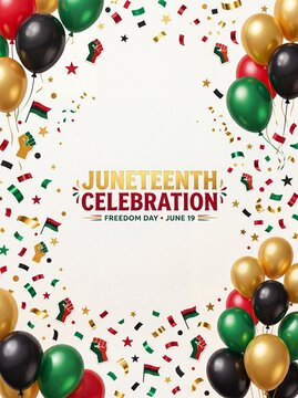 Juneteenth celebration poster design with red black green balloons confetti and raised fist for freedom day june 19 event banner