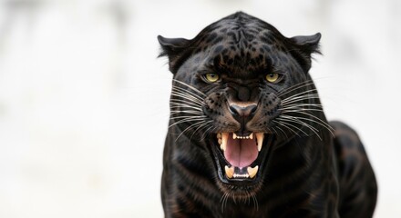 Fototapeta premium A close-up of a snarling black panther, fur detailed against a blurred white background