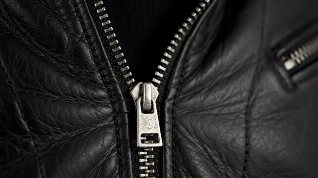 Close up view of the zipper on a black leather jacket with a textured surface