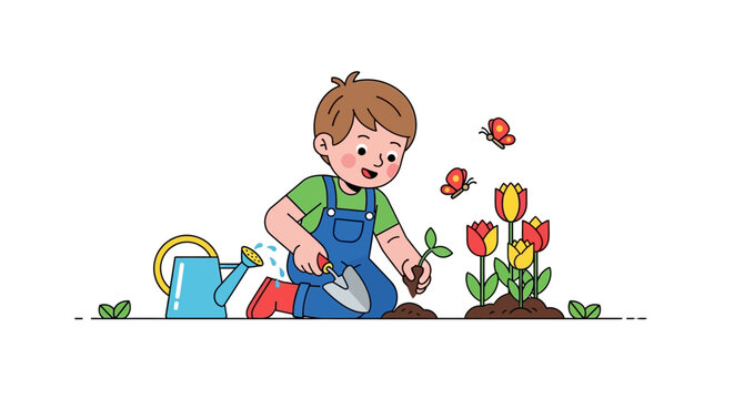 A young boy planting flowers with a shovel and watering can nearby outside.