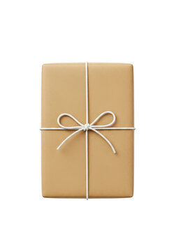 Gift wrapped in brown paper with white string bow isolated on transparent background