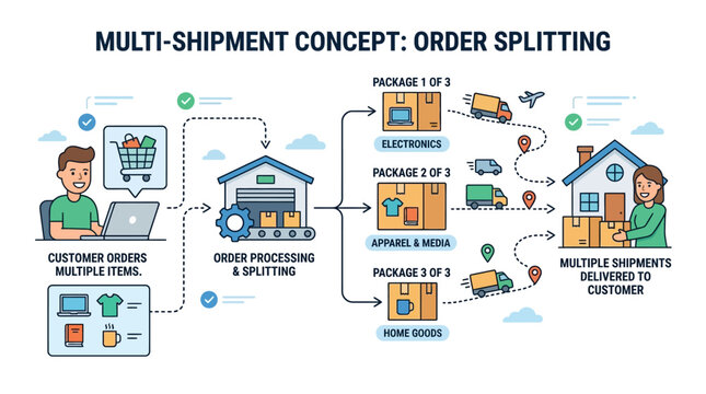Packages are split and delivered to a customer from multiple locations efficiently