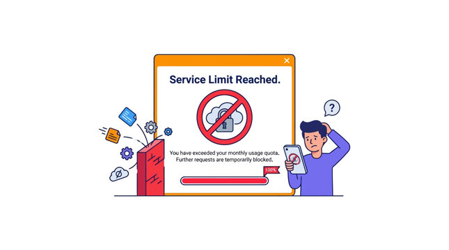 A frustrated man encounters a service limit reached error message on a computer screen with icons.