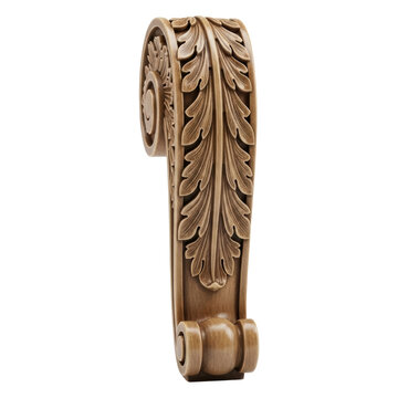 Decorative wood leaf corbel with scroll design on a transparent backdrop