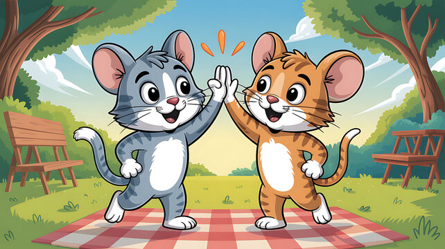 Two cute cartoon cats giving a high five on a picnic blanket in a sunny park