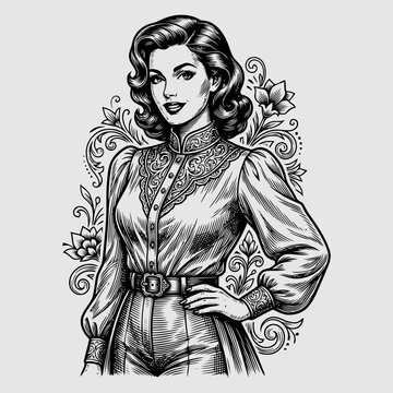 Woman in elegant outfit poses confidently with floral patterns around her