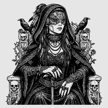 A mystical woman sits on a throne surrounded by skulls and ravens wearing s5.eps like a cloak