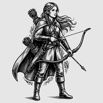 A female archer stands confidently with her bow and quiver full of arrows on her back in a heroic stance.