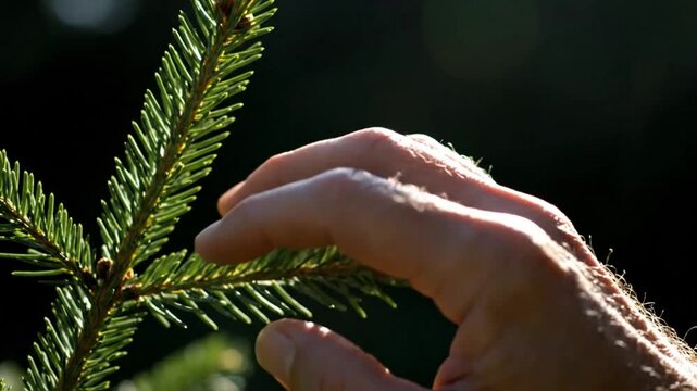 Close up of a hand gently touching a vibrant green fir tree branch with textured needles, natural and outdoor scene