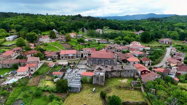 Aerial drone flying over the church of Santa Marina de Augas Santas
