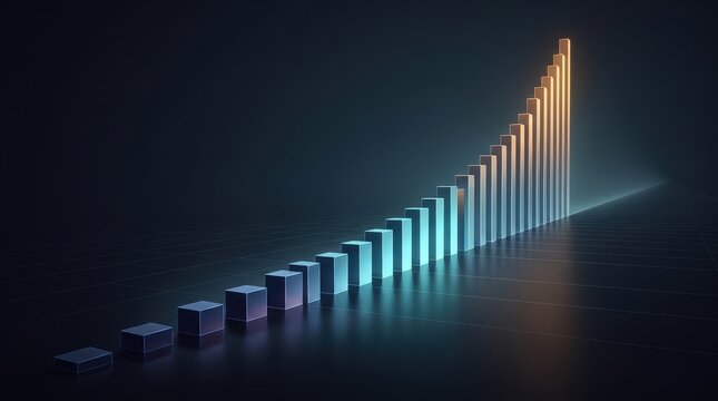 Brightly glowing upwardmoving bars trace graceful arc highlighting performance metrics effectively
