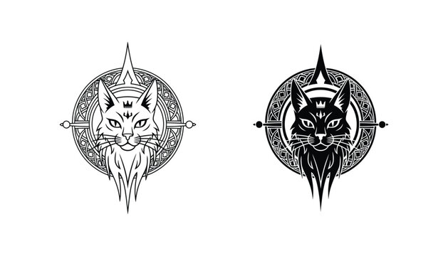 Mystical cat head emblem in circular geometric frame vector set with tribal style details for fantasy gaming logos and occult graphic design assets