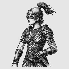Obraz premium Female warrior in armor with ponytail and blindfold stands ready for battle s45.eps