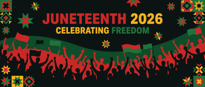 Juneteenth 2026 Celebrating Freedom with a Crowd Holding Flags and Raising Fists
