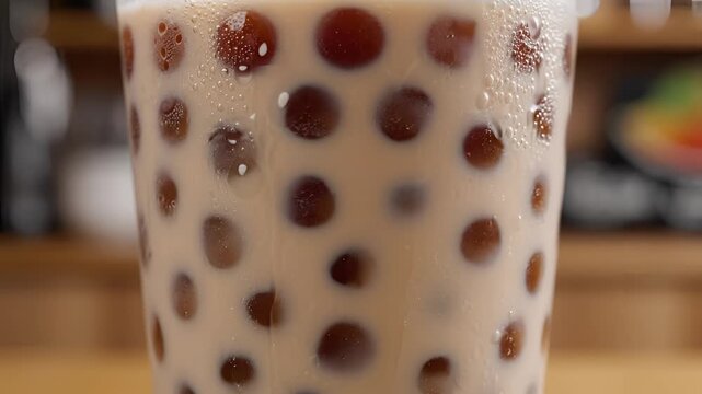 Closeup of a refreshing bubble tea drink with tapioca pearls.