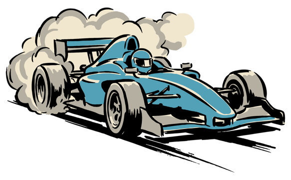 Hand-Drawn Illustration of a Fast Blue Open-Wheel Racing Car Drifting with Tire Smoke