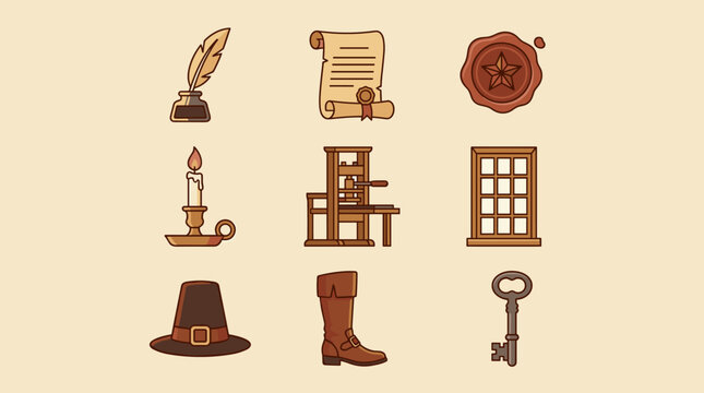 Flat vector set of vintage history and old document icons