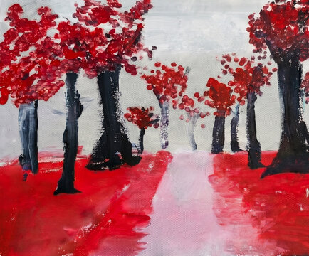 Hand-painted abstract red forest landscape in acrylic on canvas