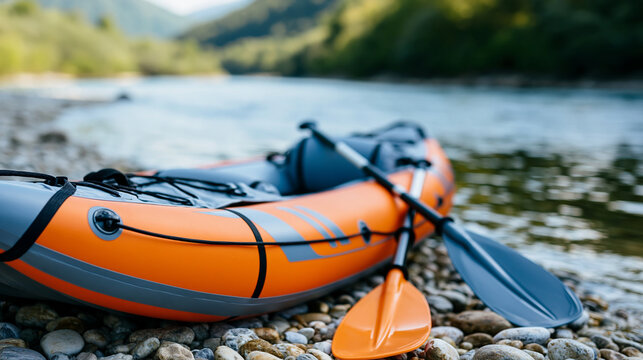 Close-up of an inflatable whitewater kayak with a paddle resting beside it on a riverbank, kayaking equipment concept, water sport gear photography, rafting preparation, with copy