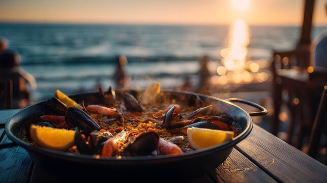 Seafood paella with mussels and shrimp in a pan on a beach table during golden sunset