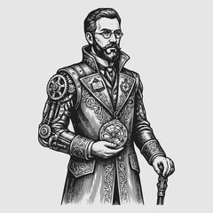 Fototapeta premium Steampunk man wearing ornate coat holding clockwork device and cane standing