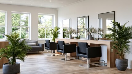 Fototapeta premium Cozy reception desk with chair and floral decor in modern office interior, welcoming business environment.