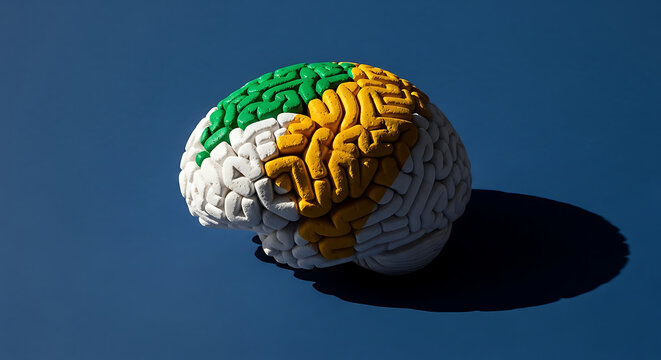 Anatomical Model of a Human Brain Divided into Color-Coded Sections on a Blue Background
