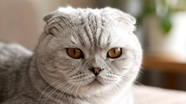 Close up view of a silver Scottish Fold cat with amber eyes looking directly at the camera while purring