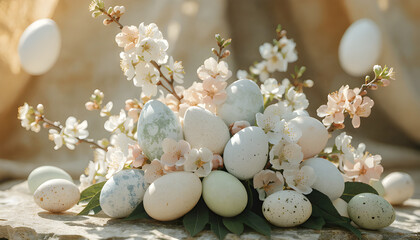 Obraz premium Easter botanical composition with soft pastel eggs and floral elements