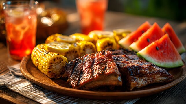 Summer barbecue platter with glazed ribs grilled corn and fresh watermelon on wooden table