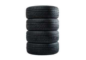 Stack of four new car tires, automobile rubber wheels isolated on transparent background PNG © Julie