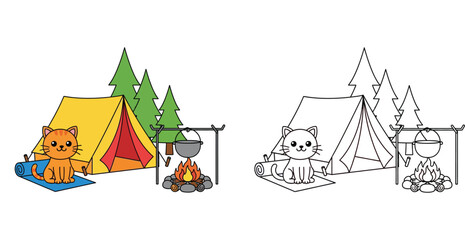 Fototapeta premium Cute Cat Camping in Forest with Tent and Campfire Illustration, Ginger Kitten Outdoor Adventure Coloring Page for Kids Activity