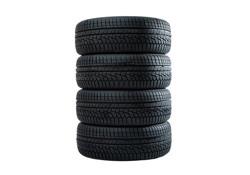 Stack of four new car tires, automobile rubber wheels isolated on transparent background PNG