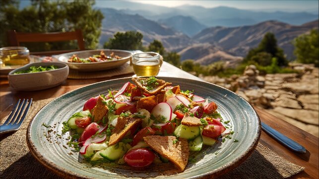 Fresh Lebanese fattoush salad with toasted pita bread and vegetables on a mountain terrace