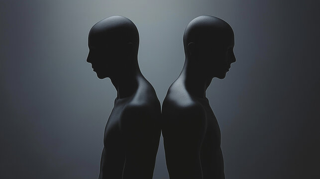 Two silhouetted men standing back to back in dramatic lighting. Conceptual portrait reflecting split personality, mental disorder, duality, alienation and emotional distress, dark surreal art.