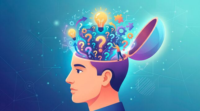 human mind with ideas and questions concept illustration