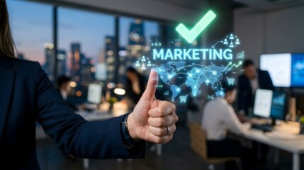 Fototapeta premium Hand holding marketing hologram with digital analytics and global business interface