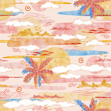 Sunset Seamless Pattern Coastal Dreamy Sky Sun and Clouds Abstract Blush Aesthetic Watercolor Wallpaper Background Terracotta Pink and Blue Blob Lines for Summer Textile