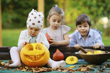 Fototapeta premium Autumn traditions and preparations for the holiday Halloween. A house in nature, a lamp made of pumpkins is cutting out at the table.