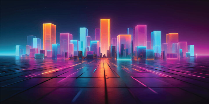 Abstract city background featuring a neon night skyline with 3d skyscraper architecture and urban buildings in a digital downtown metropolis illustration