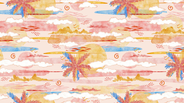 Sunset Coastal Dreamy Sky Banner with Sun and Clouds Abstract Blush Aesthetic Watercolor Wallpaper Background Terracotta Pink and Blue Blob Lines for Summer Textile